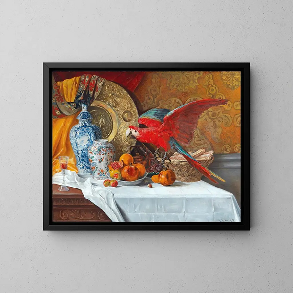 Naturmorte mit Papagei - Adrien Moreau — gerahmtes Bild an der Wand