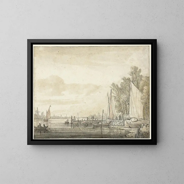 Bateaux al molo in un fiume - Aelbert Cuyp — quadro incorniciato alla parete