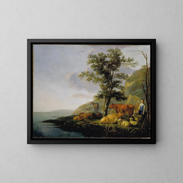 Vieh in der Nähe eines Flusses - Aelbert Cuyp — gerahmtes Bild an der Wand