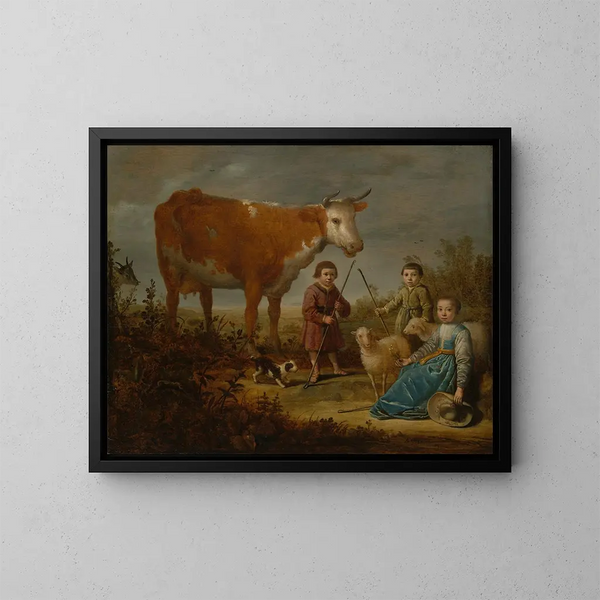 Kinder und eine Kuh - Aelbert Cuyp — gerahmtes Bild an der Wand