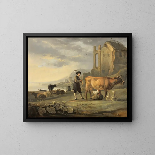 Paesaggio con una lattante che dà da mangiare a una mucca - Aelbert Cuyp — quadro incorniciato alla parete