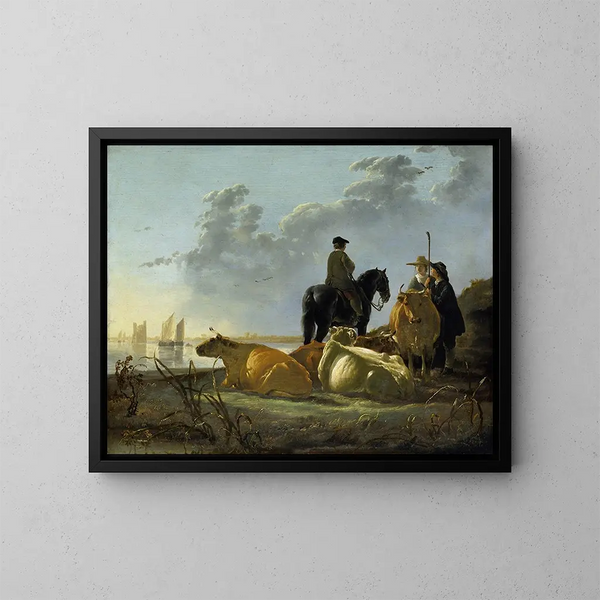 Paesani e bestiame sul fiume Merwede - Aelbert Cuyp — quadro incorniciato alla parete