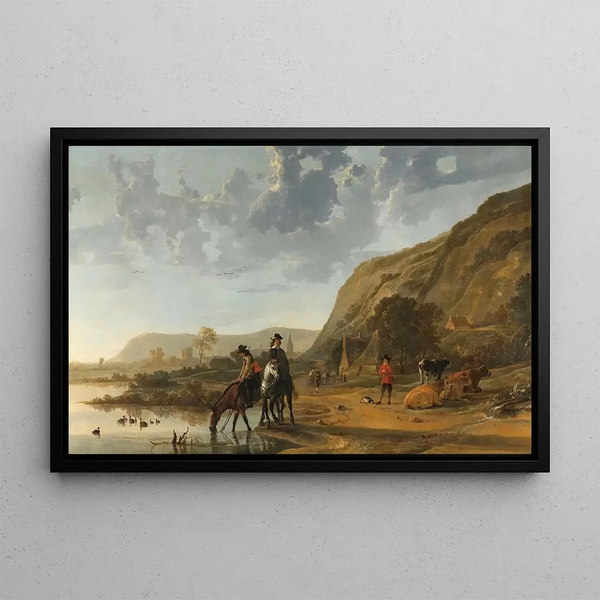Paesaggio fluviale con cavalieri - Aelbert Cuyp — quadro incorniciato alla parete