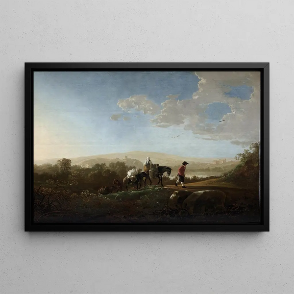 Viaggiatori in un paesaggio collinare - Aelbert Cuyp — quadro incorniciato alla parete