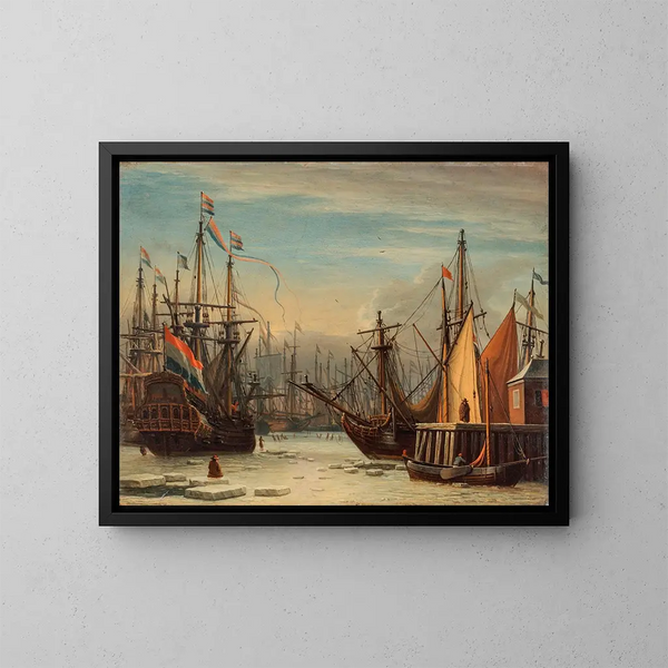Blick auf den Hafen des IJ im Winter in Amsterdam mit Personen, die zwischen den Booten Schlittschuh laufen, und einer sitzenden Figur auf einem Eisblock im Vordergrund - Aernout Smit — gerahmtes Bild an der Wand