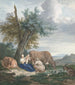 Ein Bauer und ein Landwirt mit einem Kind in einer Landschaft mit Vieh - Aert Schouman — Ansicht des Kunstwerks