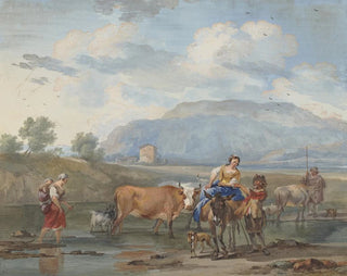 I pastori conducono le capre attraverso l'acqua, a sinistra una donna porta il suo bambino sulla schiena, a destra un'altra monta un asino. - Aert Schouman — vista dell’opera