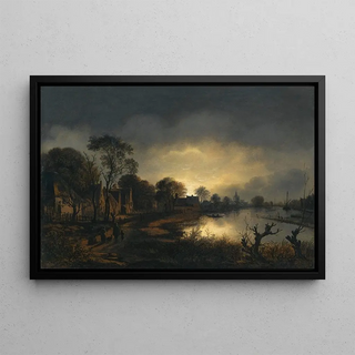 Aert van der Neer - A River Landscape At Dusk With And Figures Walking Along A Path Towards A Village To The Left A Church In The Distance.webp
