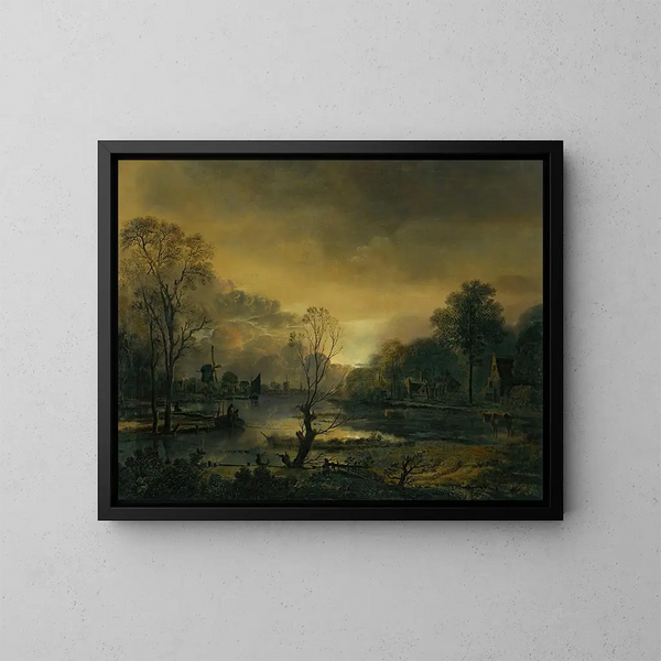 Ein Flusslandschaft bei Sonnenuntergang mit Fischern, die ihr Netz im Vordergrund ziehen, Windmühlen in der Ferne - Aert van der Neer — gerahmtes Bild an der Wand