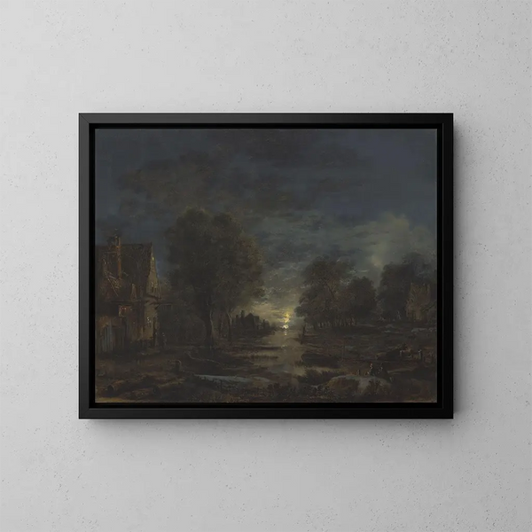 eines Landschaftsbildes im Mondschein mit einer Herberge am Flussufer - Aert van der Neer — gerahmtes Bild an der Wand