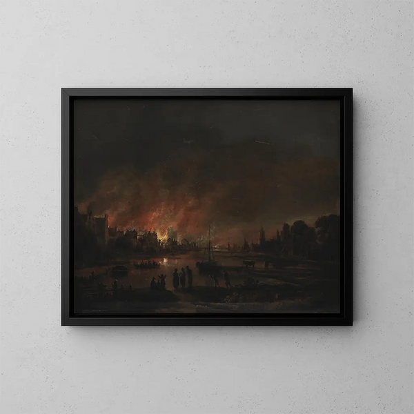 Brand in einem Dorf bei Nacht - Aert van der Neer — gerahmtes Bild an der Wand