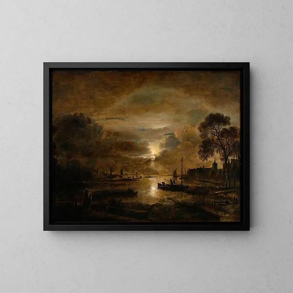 Lumière de lune sur une rivière néerlandaise - Aert van der Neer — gerahmtes Bild an der Wand
