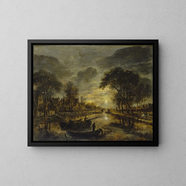 nächtliche Kanal-Landschaft mit Fischerbooten - Aert van der Neer — gerahmtes Bild an der Wand