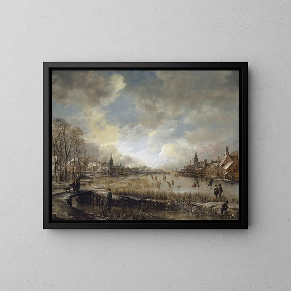 Zwei Städte auf einem vereisten Fluss mit Golfern und Schlittschuhläufern - Aert van der Neer — gerahmtes Bild an der Wand