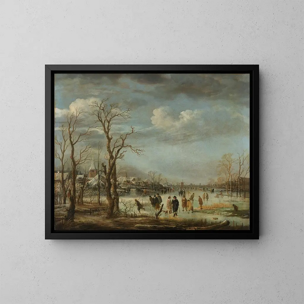Winterlandschaft in der Nähe einer Stadt mit kahlen Bäumen - Aert van der Neer — gerahmtes Bild an der Wand