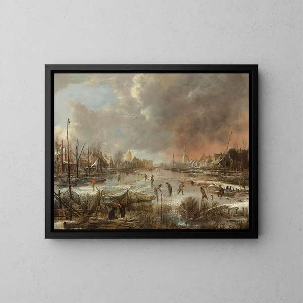Winterlandschaft mit Sportlern auf einem zugefrorenen Fluss - Aert van der Neer — gerahmtes Bild an der Wand