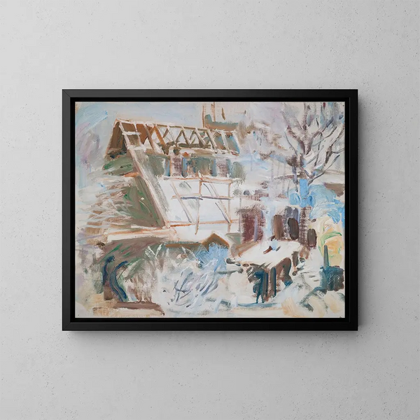 Atelier Tarvaspää in costruzione - Akseli Gallen-Kallela — quadro incorniciato alla parete