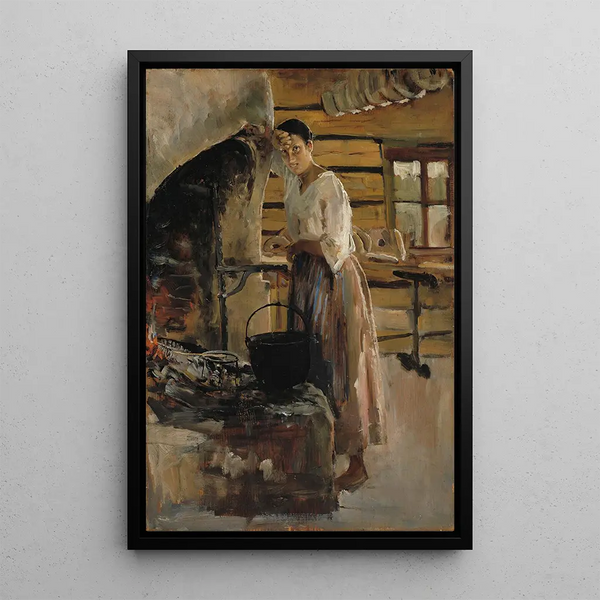 Donna che cucina coregone - Akseli Gallen-Kallela — quadro incorniciato alla parete