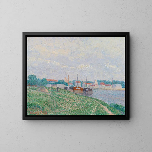 Drei Boote, die an den Ufern einer Industriestadt vertäut sind - Albert Dubois-Pillet — gerahmtes Bild an der Wand