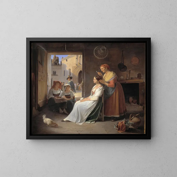 Una giovane donna italiana che si fa adornare dalla madre - Albert Kühler — quadro incorniciato alla parete