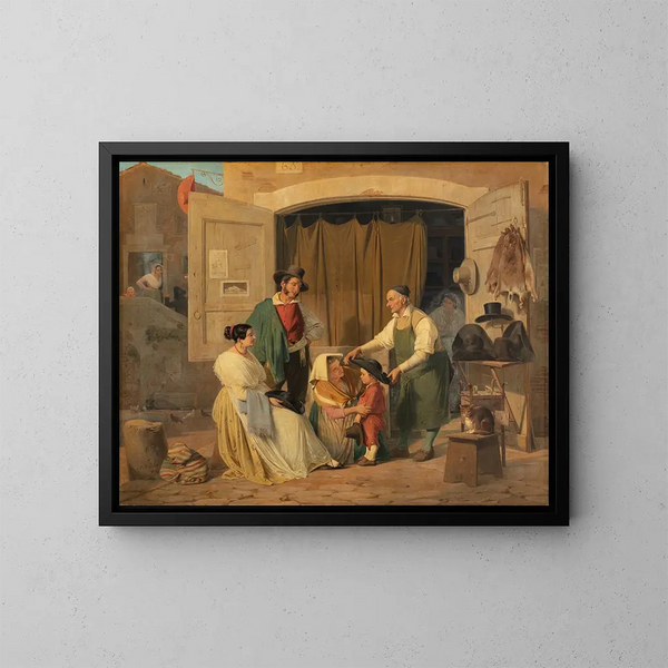 dei contadini romani che acquistano un cappello per il loro nipote che deve diventare abate - Albert Kühler — quadro incorniciato alla parete
