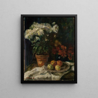 Albert Lang - Stilleben mit weissen Chrysanthemen und pfeln.webp
