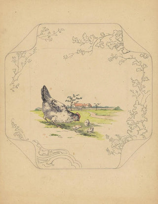 Albert Louis Dammouse - Ontwerp voor bord van het model Square met een hen en drie kuikens.webp