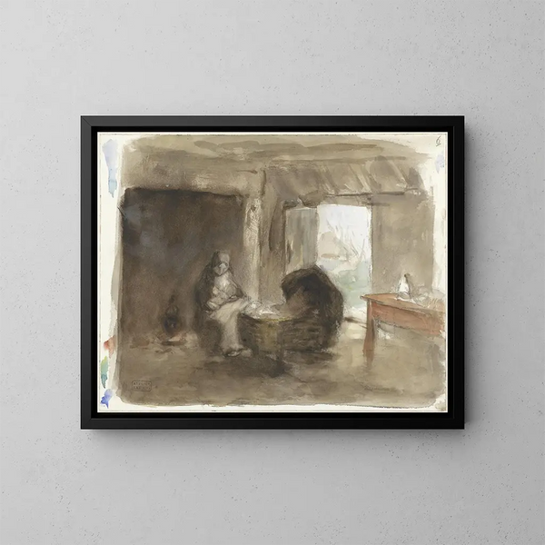 Frau mit Kind in der Nähe eines Kinderbetts - Albert Neuhuys — gerahmtes Bild an der Wand