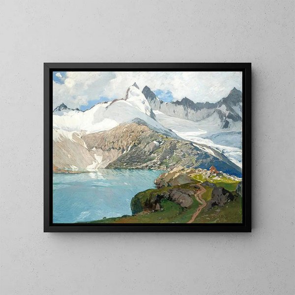 Ein Bergsee mit einer Hütte - Albert Stagura — gerahmtes Bild an der Wand