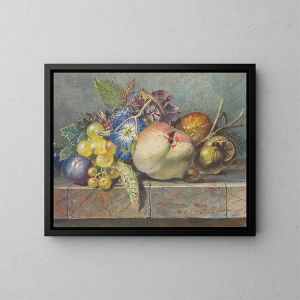 Früchte und Stillleben mit Blumen - Albertus Steenbergen — gerahmtes Bild an der Wand