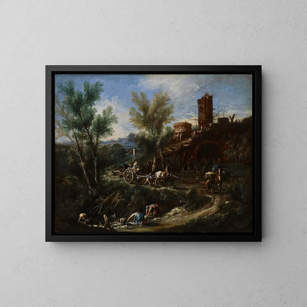 Paesaggio con zingari e lavandaie - Alessandro Magnasco — quadro incorniciato alla parete