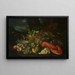 Ein Korb mit Zitronen, Spargeln, Pfirsichen, einer Melone, Pflaumen, Trauben und anderen Früchten mit einem Hummer in einer Landschaft - Alexander Coosemans — gerahmtes Bild an der Wand