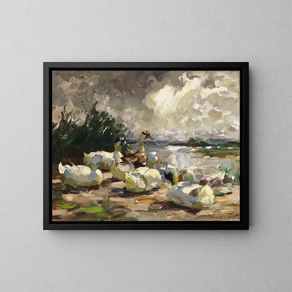 Anatre sulla riva dell'acqua, atmosfera nuvolosa - Alexander Koester — quadro incorniciato alla parete