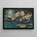 Fünf bunte Enten im blauen Wasser der Seerosen - Alexander Koester — gerahmtes Bild an der Wand