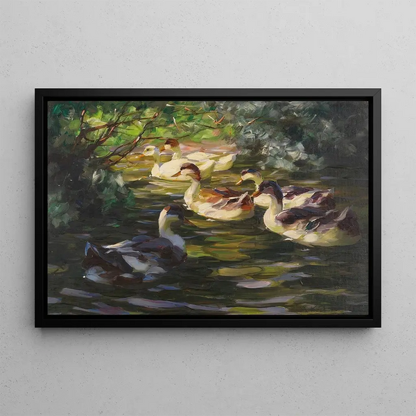 Sechs Enten auf dem Wasser unter Uferbüschen - Alexander Koester — gerahmtes Bild an der Wand