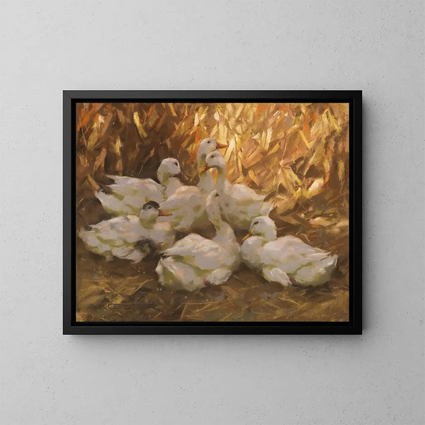 Sei anatre nella paglia - Alexander Koester — quadro incorniciato alla parete