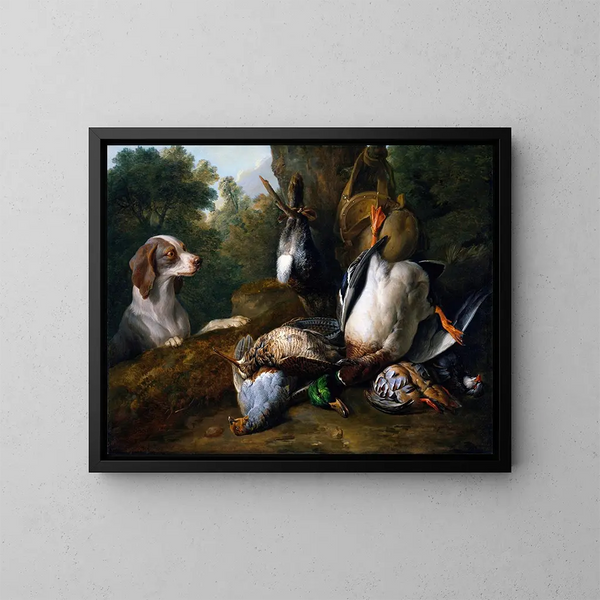 Naturmord mit einem Hund und Wild - Alexandre François Desportes — gerahmtes Bild an der Wand