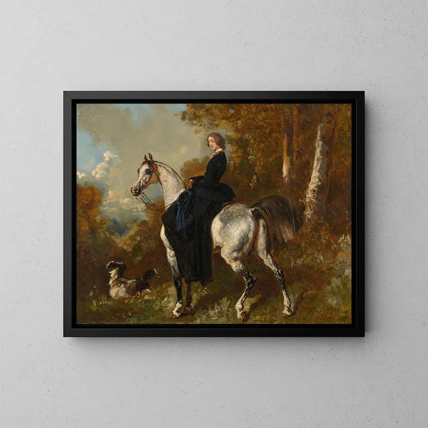 Amazonen-Gemälde in Schwarz auf einem grauen Scheckenpferd - Alfred de Dreux — gerahmtes Bild an der Wand