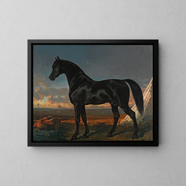 Schwarzes Pferd am Palmenbaum - Alfred de Dreux — gerahmtes Bild an der Wand