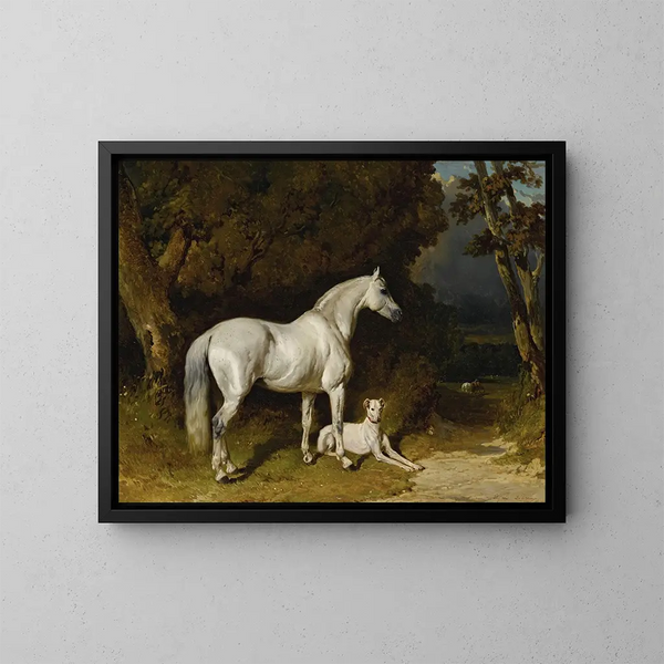 Graues Hengst und Windhund - Alfred de Dreux — gerahmtes Bild an der Wand
