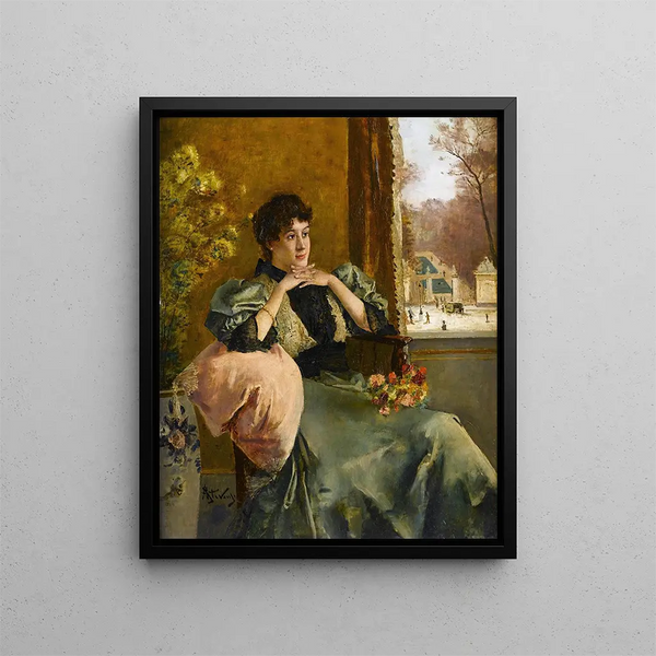Frau nachdenklich in der Nähe eines Fensters - Alfred Stevens — gerahmtes Bild an der Wand
