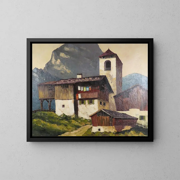 Bergdorf im Tiroler Stil - Alois Pfund — gerahmtes Bild an der Wand