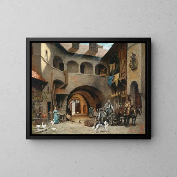 Interno cortile a Friesach con un veicolo di trasporto - Alois Schönn — quadro incorniciato alla parete