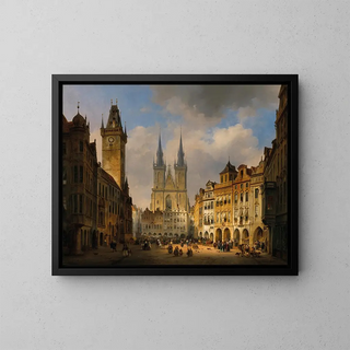 Praga, il vecchio mercato con la chiesa di Nostra Signora di Týn in lontananza - Ambros Ivo Vermeersch — quadro incorniciato alla parete