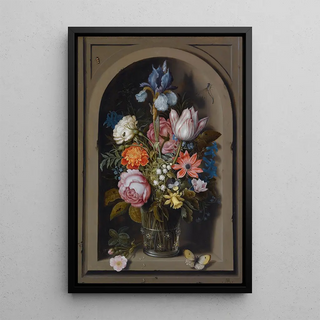 Ambrosius Bosschaert the Elder - A Still Life Of Flowers In A Glass Beaker Set In A Marble Niche.webp