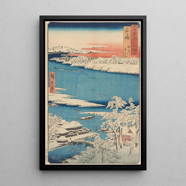 Reproduktion des Gemäldes Schneeszene am Flussufer des Islet - Andō Hiroshige