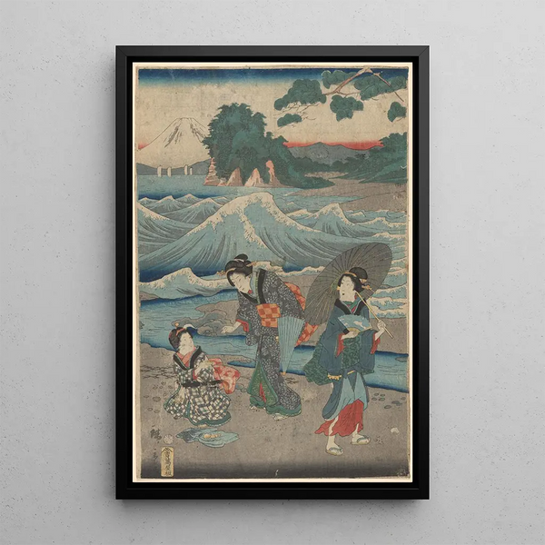 Drei Frauen und Wellen - Andō Hiroshige — gerahmtes Bild an der Wand