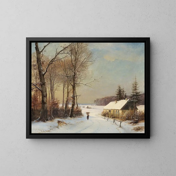 Winterlandschaft mit Frau auf einer Straße vor einem Haus - Anders Andersen-Lundby — gerahmtes Bild an der Wand