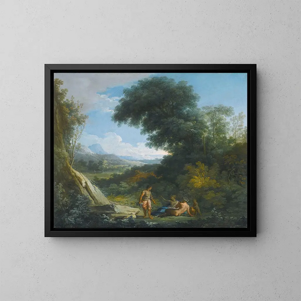 Un fauno e una ninfa sdraiati in un paesaggio - Andrea Locatelli — quadro incorniciato alla parete