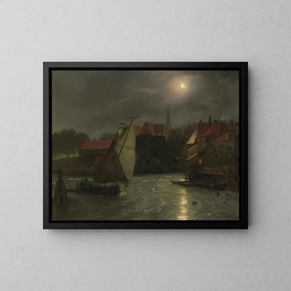Bateaux sur un canal au clair de lune - Andreas Achenbach — gerahmtes Bild an der Wand